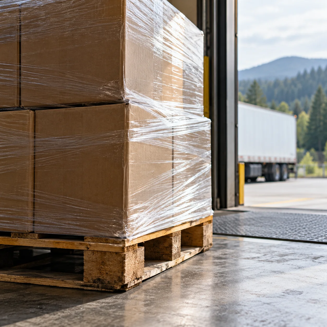 Illustrative carton and stretch-wrapped wooden pallet detail