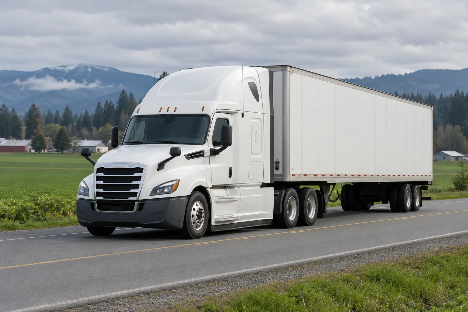 Illustrative American semi-truck beside fields in northwest Washington