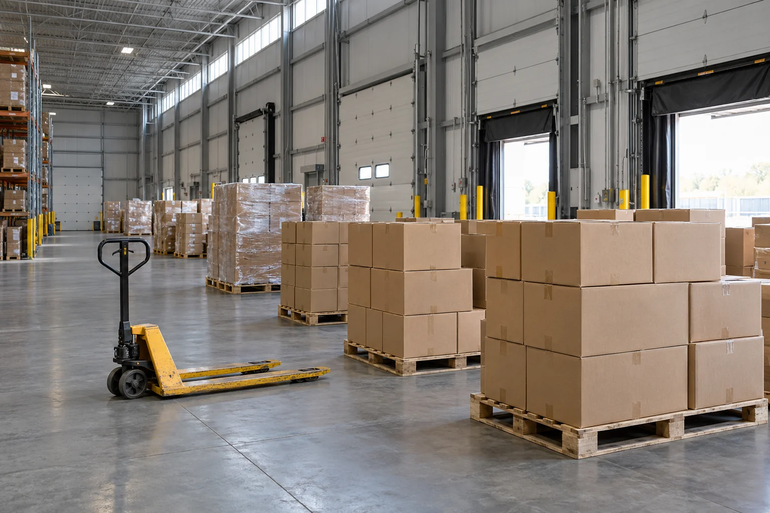 Illustrative warehouse receiving area with pallets and handling equipment
